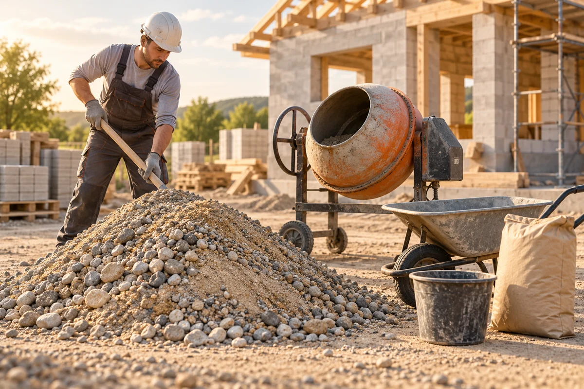 Illustrative Baustellenszene mit Sand-Kies-Gemisch, Mischer und Dosierhilfen