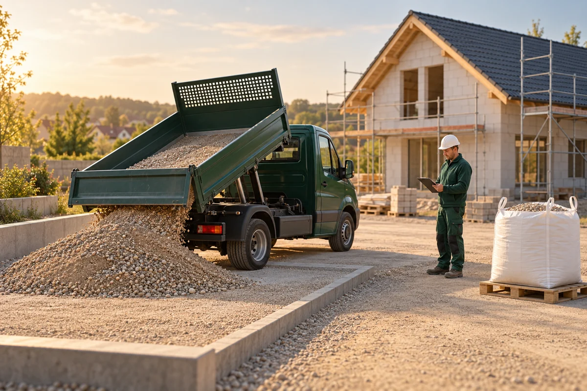 Illustrative Betonkieslieferung mit Kipper, Big Bag und vorbereiteter Abladestelle