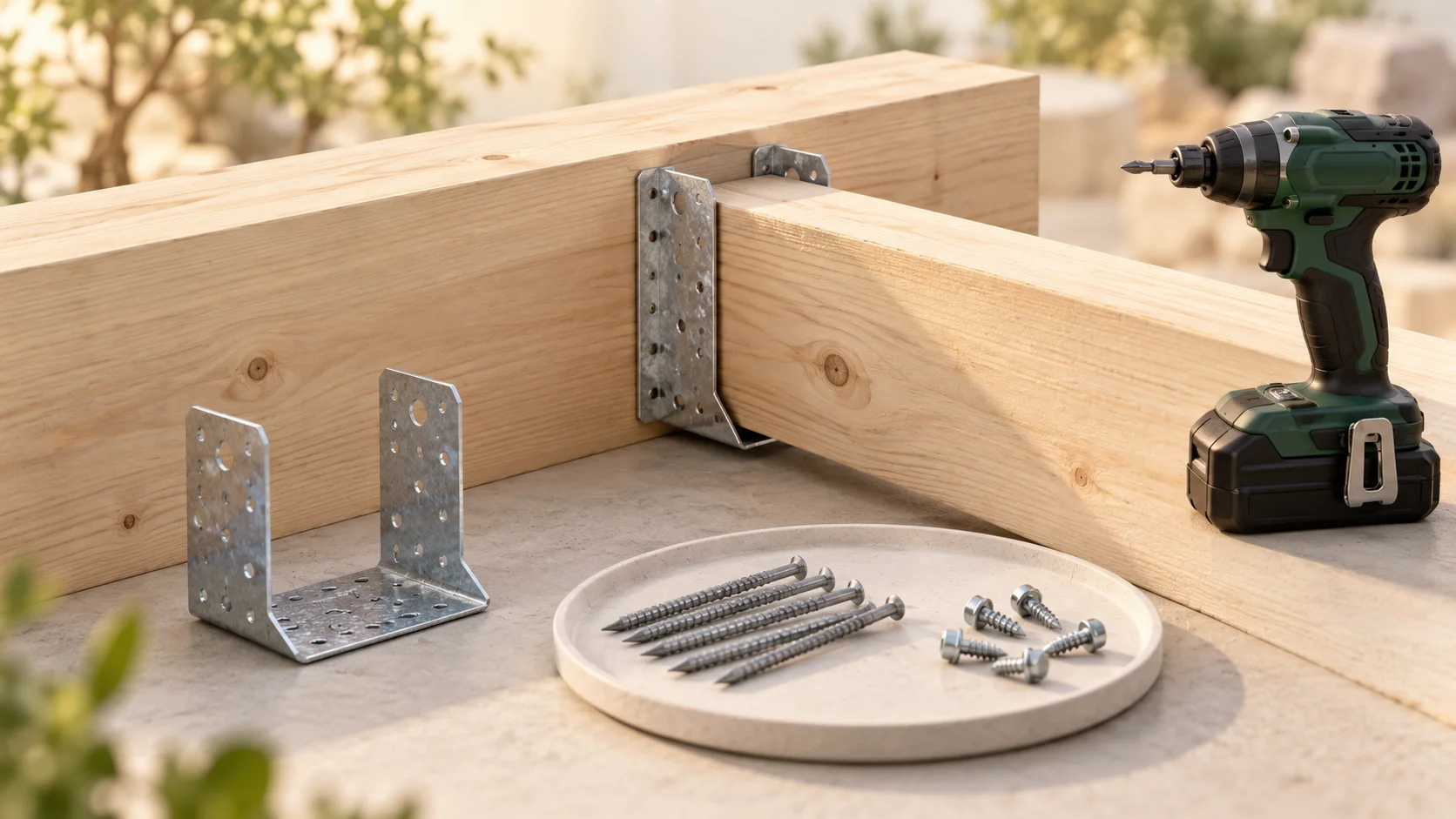 Holzverbinder, Kammnägel und Verbinderschrauben – illustrative Materialszene