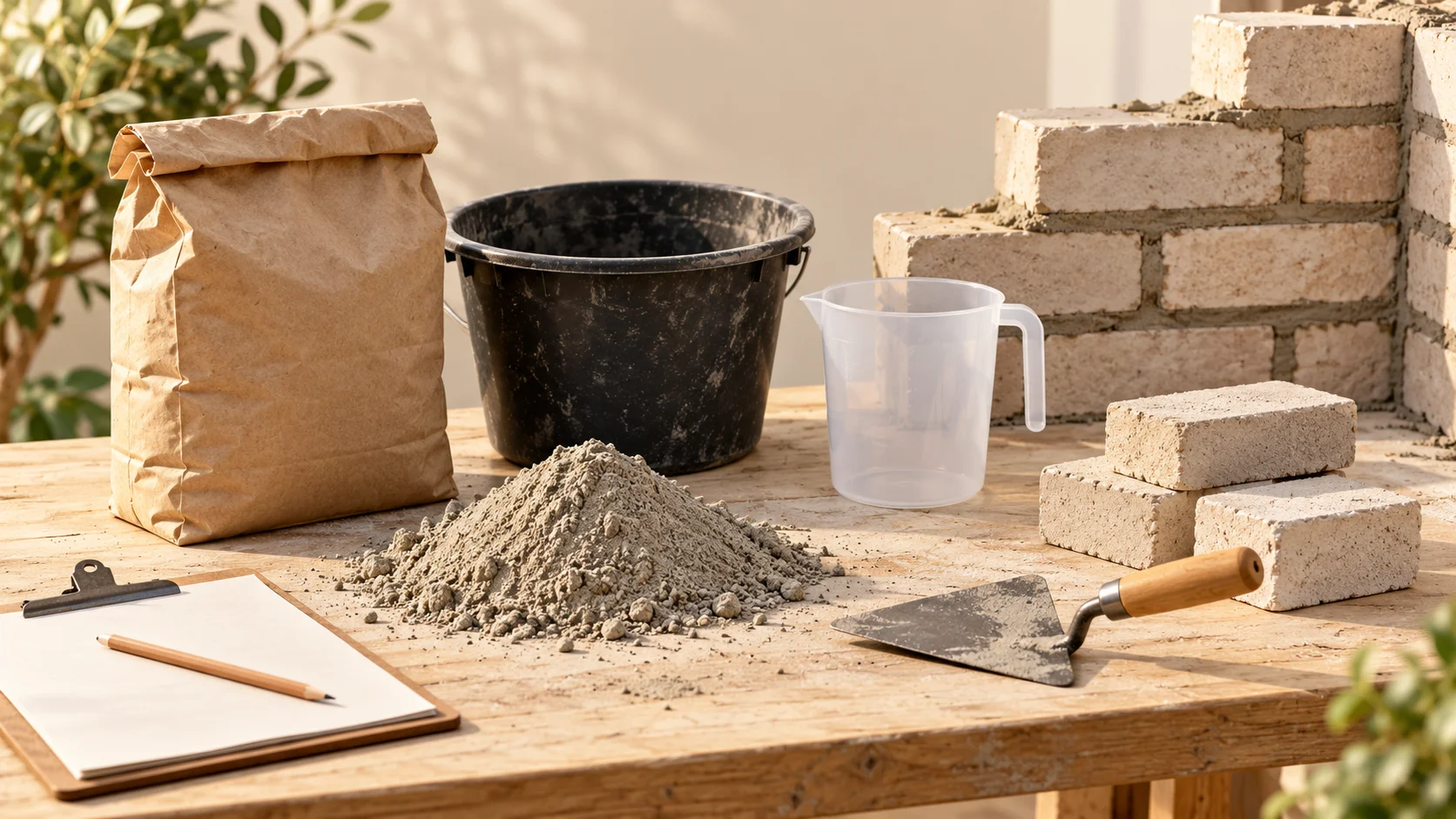 Mauersteine, Mörtel und Maurerwerkzeug – illustrative Materialszene