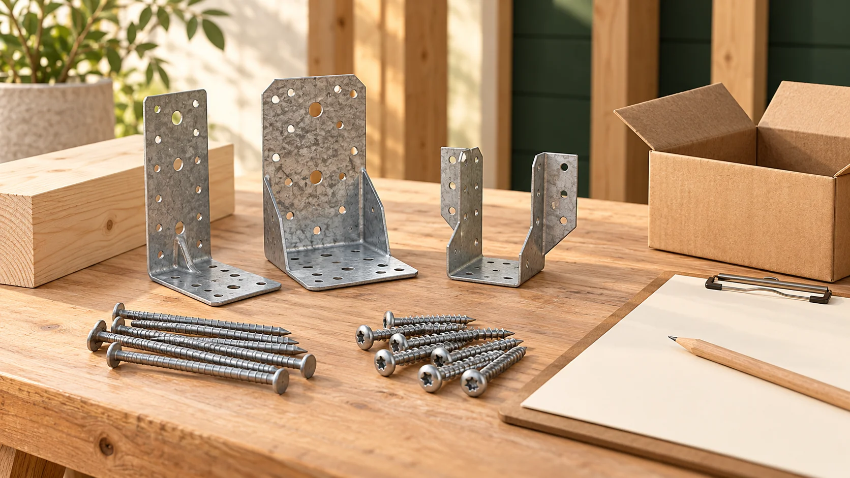 Holzverbinder, Kammnägel und Verbinderschrauben – illustrative Materialszene