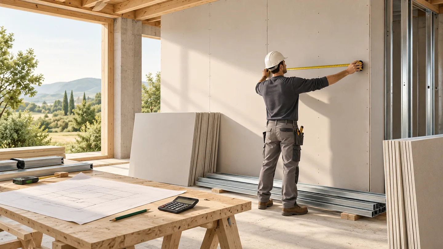 3D-Illustration der Mengen- und Kostenplanung einer Trockenbauwand