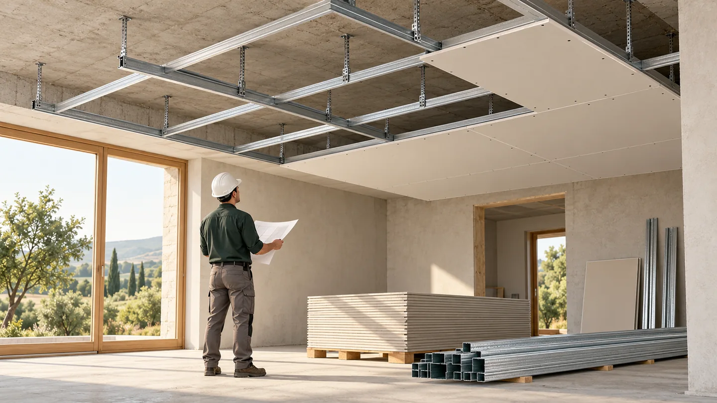 3D-Illustration einer teilweise beplankten Unterdecke mit Profilrost und Abhängern