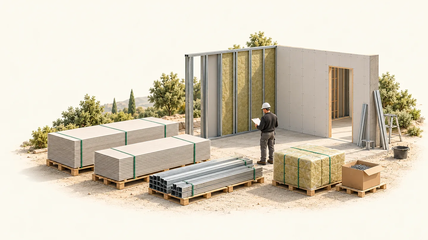 3D-Illustration einer Trockenbauwand mit zusammengestellten Materialpositionen