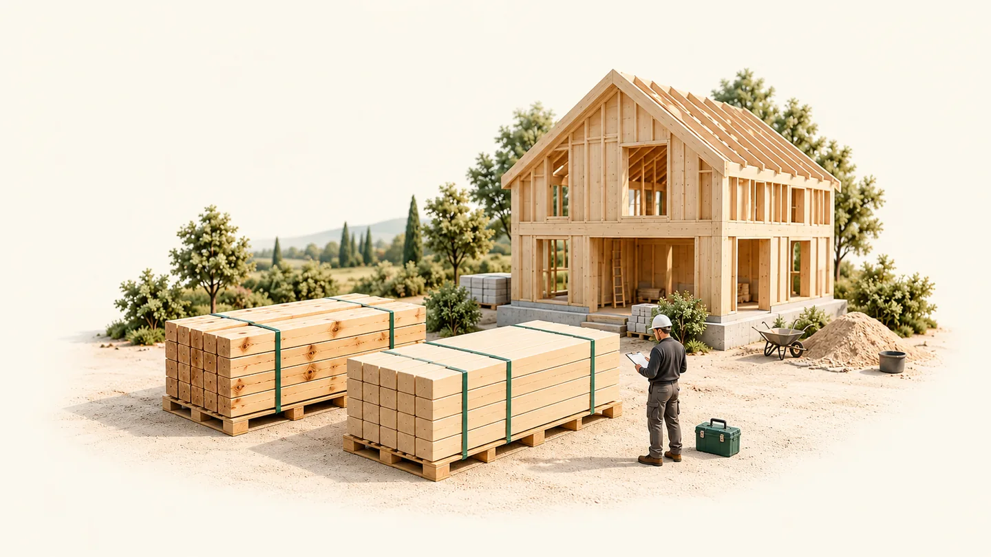 Illustrative Holzbau-Szene mit Konstruktionsholz und sichtbaren Holzoberflächen
