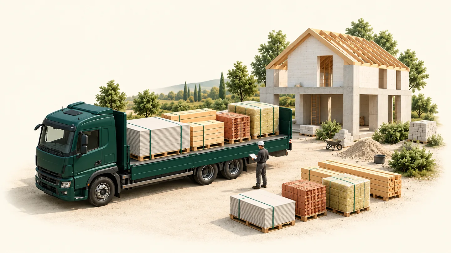 3D-Illustration einer Baustofflieferung mit Materialpaletten und Angebotsplanung