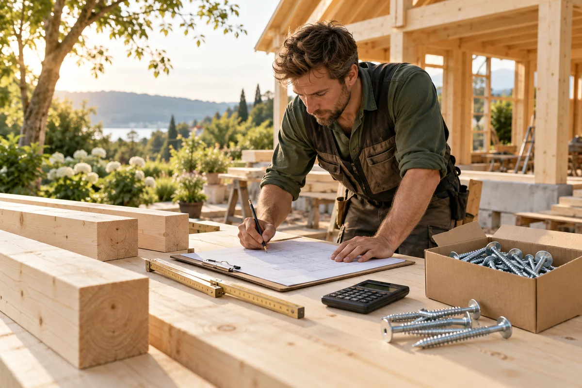 Illustrative Bedarfsermittlung mit Bauplan, Taschenrechner und Holzbauschrauben