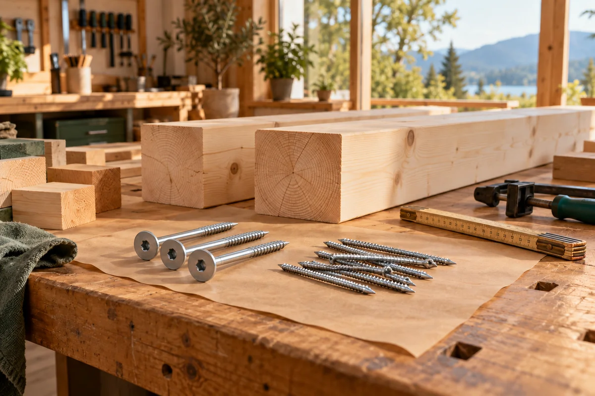 Illustrative Werkstattszene mit Holzbauteilen und unterschiedlichen Holzbauschrauben