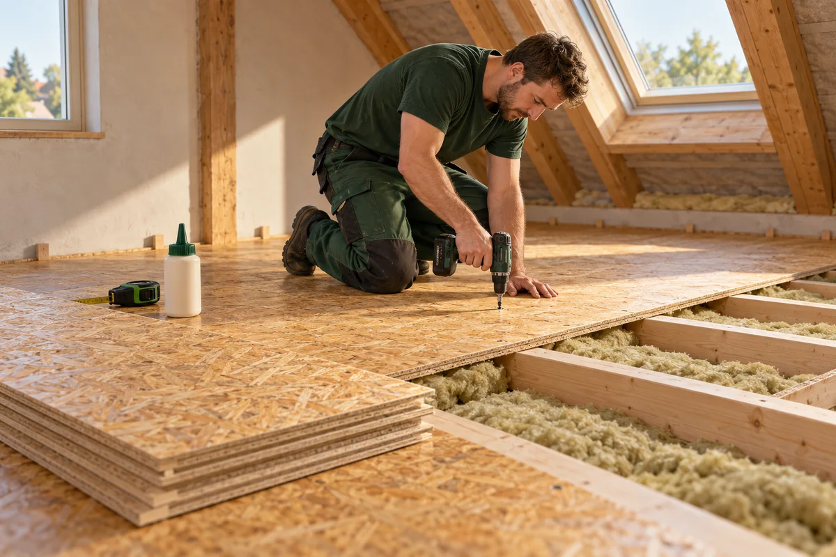 Illustrative Baustellenszene: OSB-Verlegeplatten auf einer Holzbalkenkonstruktion