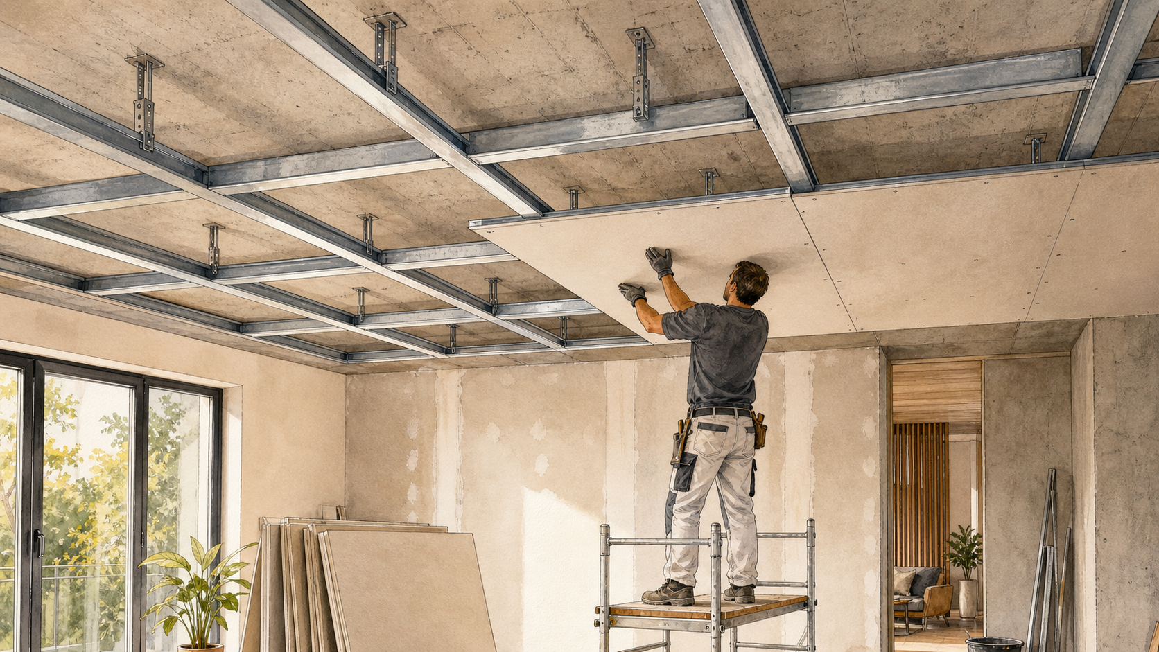 Illustrierte abgehängte Trockenbaudecke mit CD-Profilen und Abhängern