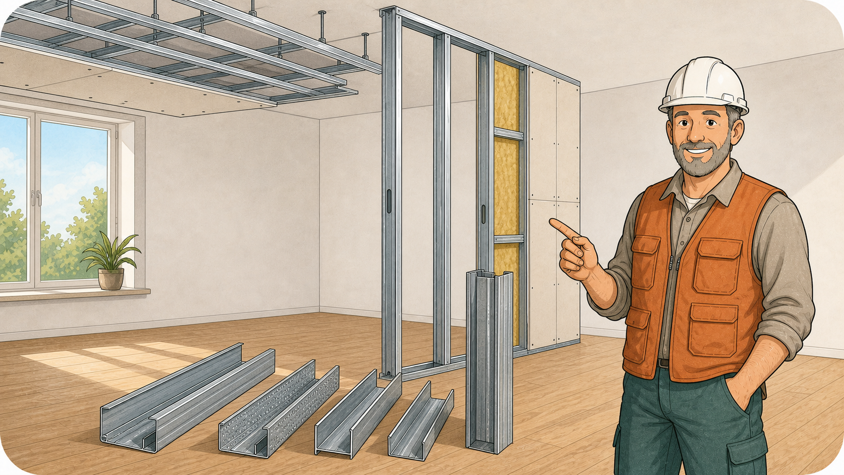 Illustration einer Fachkraft mit Trockenbauprofilen für Wand und Decke