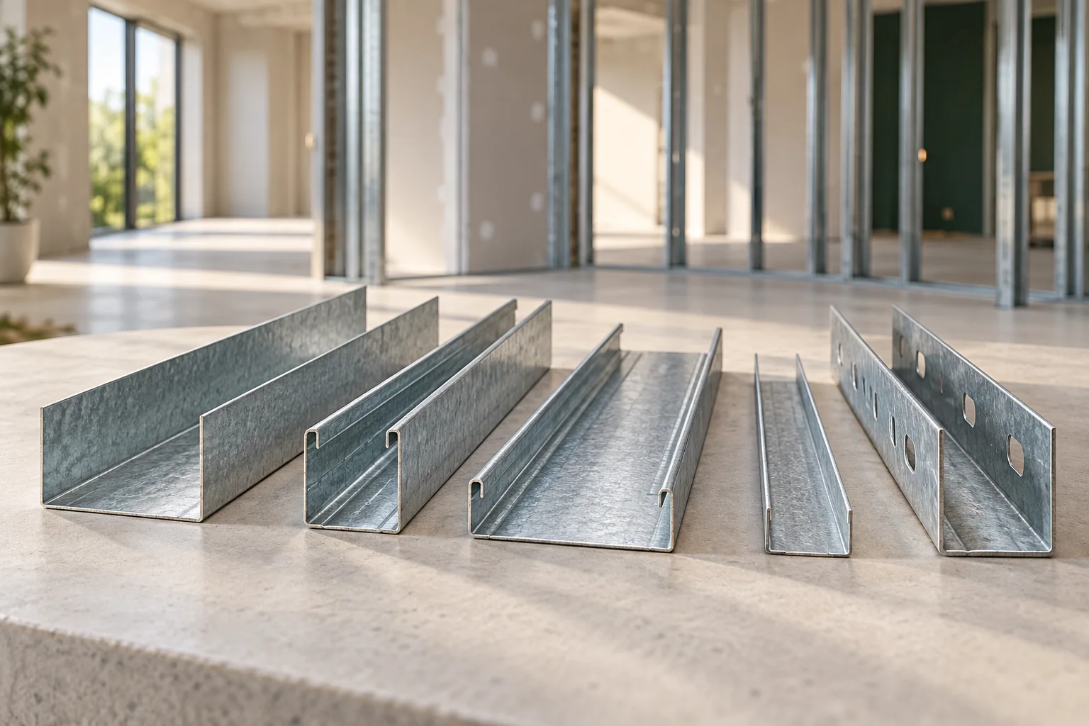 Verzinkte Metallprofile für Trockenbau auf einer Werkbank vor einer offenen Ständerwand