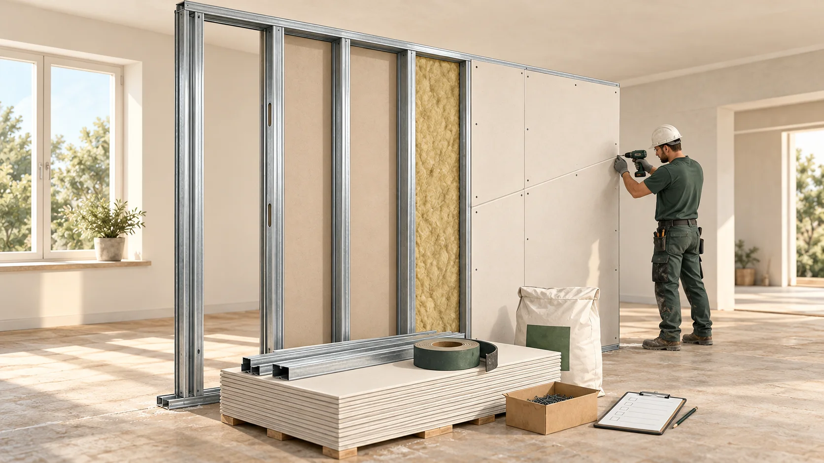 Illustration einer Trockenbauwand mit Materialliste, Gipskartonplatten und Fachkraft