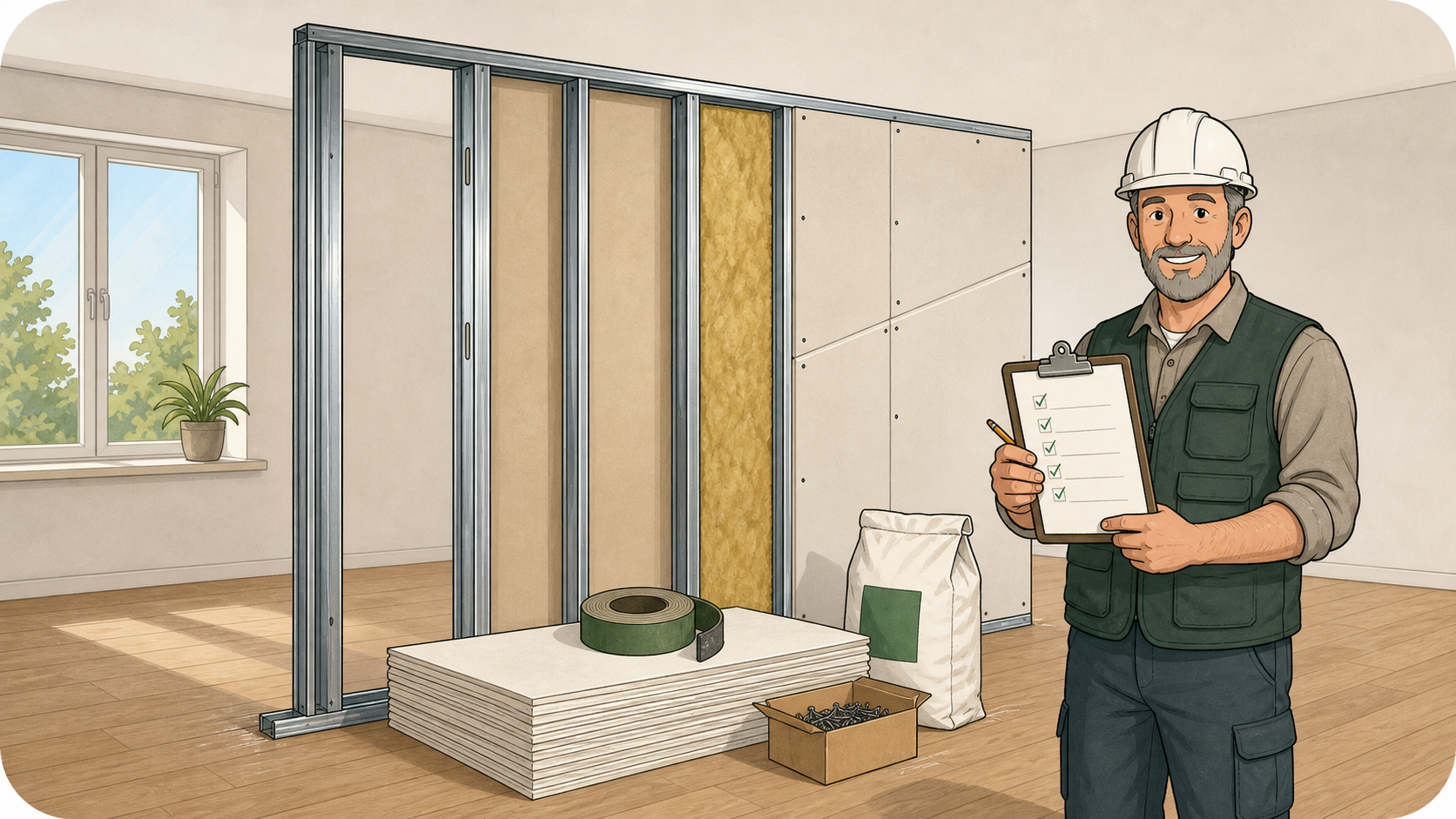 Illustration einer Trockenbauwand mit Materialliste, Gipskartonplatten und Fachkraft