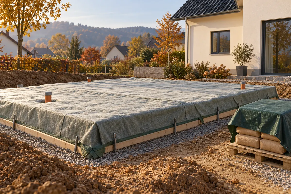 Illustrative Baustellenszene mit abgedecktem Beton und geschützten Zementsäcken