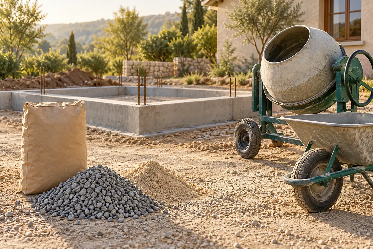 Illustrative Baustellenszene mit Zementsack, Gesteinskörnung und Betonmischer